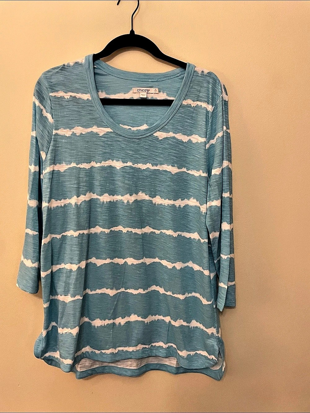 Chico's Abstract Stripe Tunic Turquoise and White Size Large
